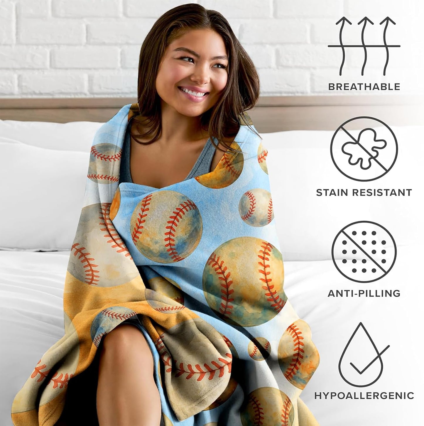 Baseball Throw Blanket 50x60 - Soft Flannel Fleece, Boys Sports Room Decor, Cozy Kids Couch & Bed Gift, Watercolor Red Stitching