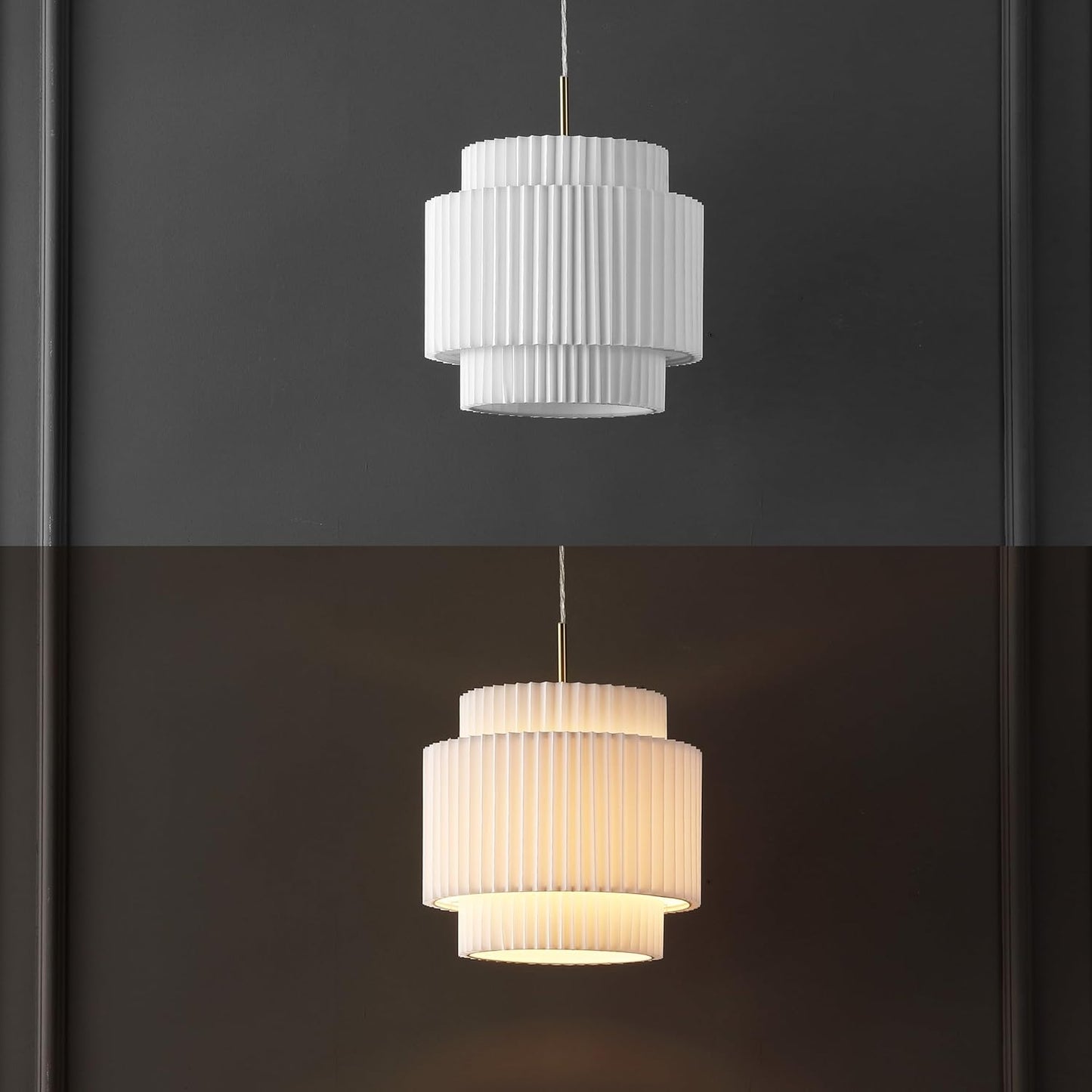JONATHAN Y 14.5" Brass Gold and White 1-Light Iron Pendant Light, Vintage Mid-Century Modern with Pleated Linen Shade, Adjustable Height for Kitchen, LED Bulb Included JYL2408A