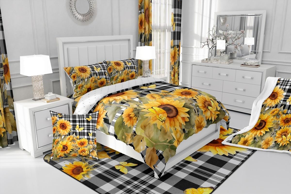 Feelyou Sunflower Flannel Fleece Throw Blanket 40"x50" Happy Fall Y'all Fuzzy Blanket Black and White Grid All Season Bed Blanket for Couch Sofa Butterfly Plush Blanket