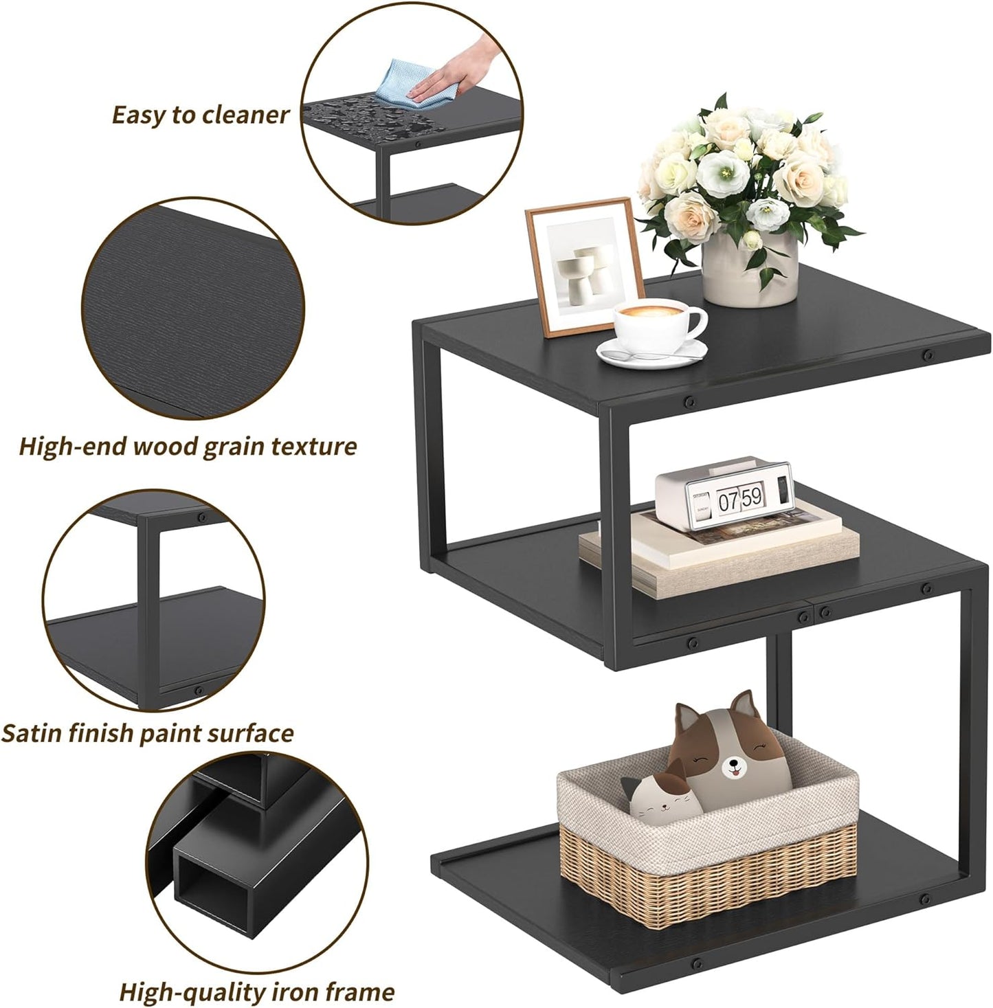 S-Shaped Side Table 3 Tier, Minimalist Nightstand for Small Spaces with Open Storage, Narrow End Table for Living Room Bedroom, Black
