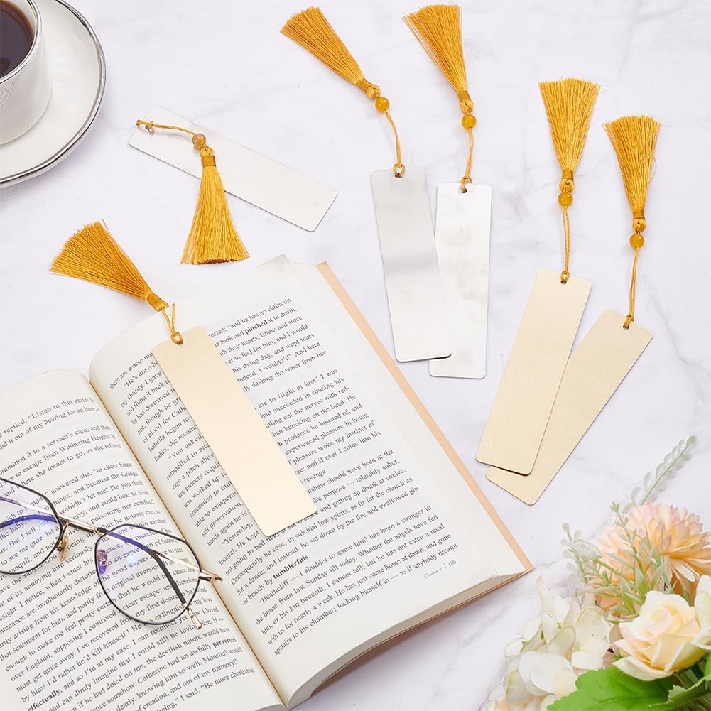 WEBEEDY 8 PCS Blank Metal Bookmark with Tassel Stainless Steel Brass Bookmark for Engraving DIY Metal Tassel Bookmarks Unique Book Accessories Reading Book Lovers Teachers Bookish Gifts(Gold,Silver)