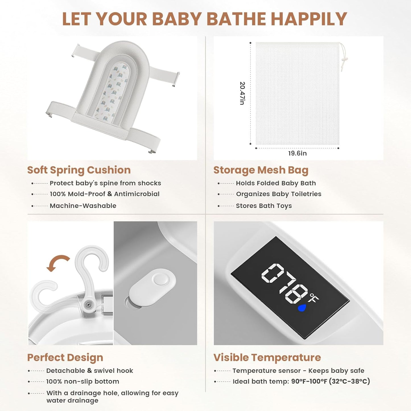 Collapsible Baby Bathtub with Soft Cushion and Thermometer, Newborn to Toddler Tub 0-36 Months with Toy Storage Mesh Bag, Portable Travel Bath for Infants (Grey)