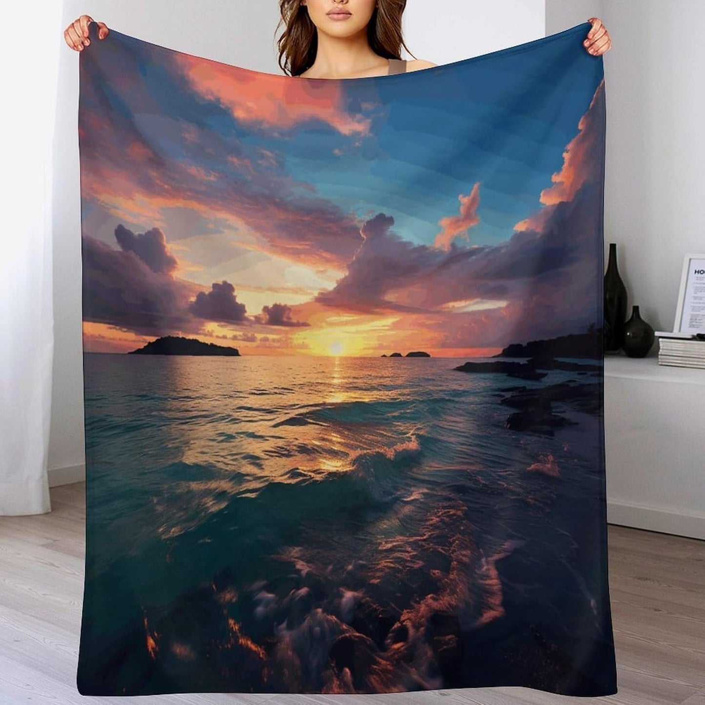 Ocean and Sunset Throw Blanket for Couch Super Soft Warm Lightweight Throw Blankets Cozy Flannel Bed Blanket Cute Decorative Blankets for All Seasons Home Decor Gift 40"*50" （100 * 130cm）