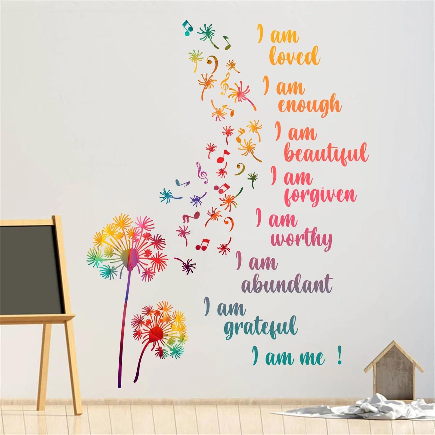 Colorful Dandelion Wall Stickers, Motivational Quote I Am Affirmation Vinyl Wall Decals, Removable Dandelion Flying Musical Note DIY Wall Art for Kids Bedroom Office Classroom Decor