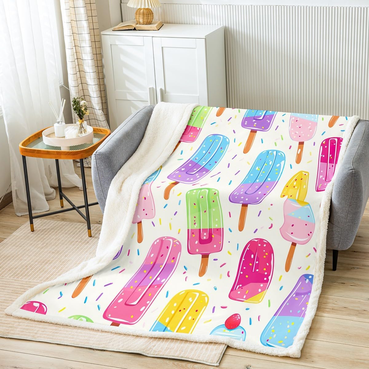 Erosebridal Kawaii Throw Blanket Watercolor Ice Cream Fleece Blanket for Kids Boys Girls,Funny Food Themed Blanket Cute Colorful Rainbow Popsicle Blanket 30"x40",Creative Children Room Decoration