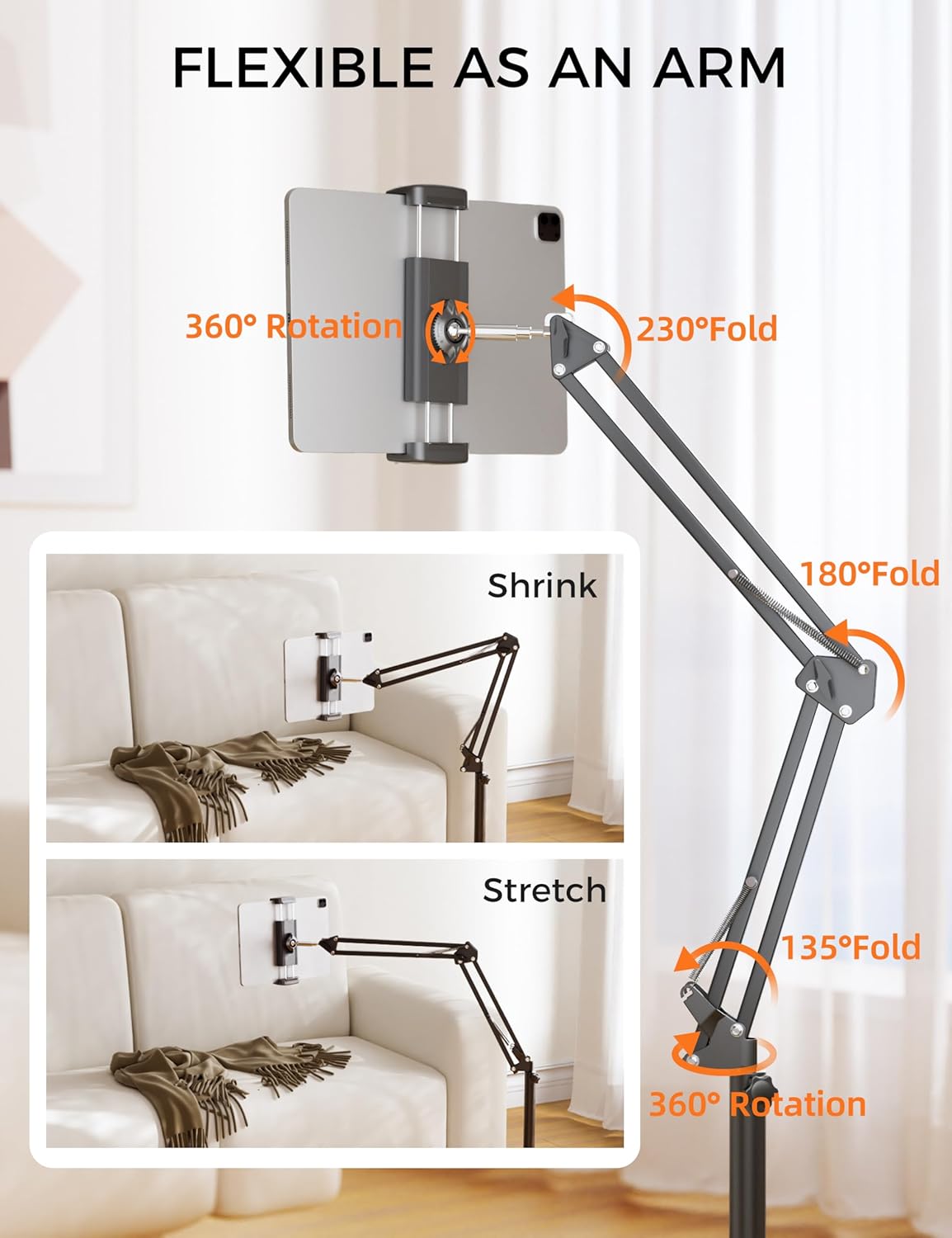 Tablet Floor Stand, 360-degree Rotatable Metal Tablet Stand Holder, Adjustable Kindle Holder, Universal Phone Stand for iPad/iPhoneX/iPad Pro or Other 4.7~12.9 Inch-Screen Devices (Black)