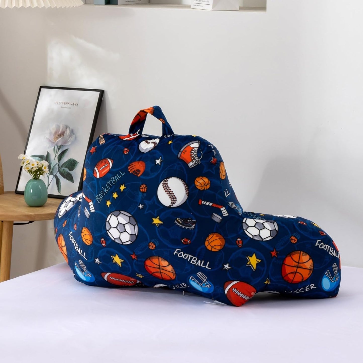 A Nice Night Kids Back Reading Pillow for Reading and Watching TV Bed to Lounge, Basketball Football Baseball Sports Party Printed，with Matching Cushion Cover