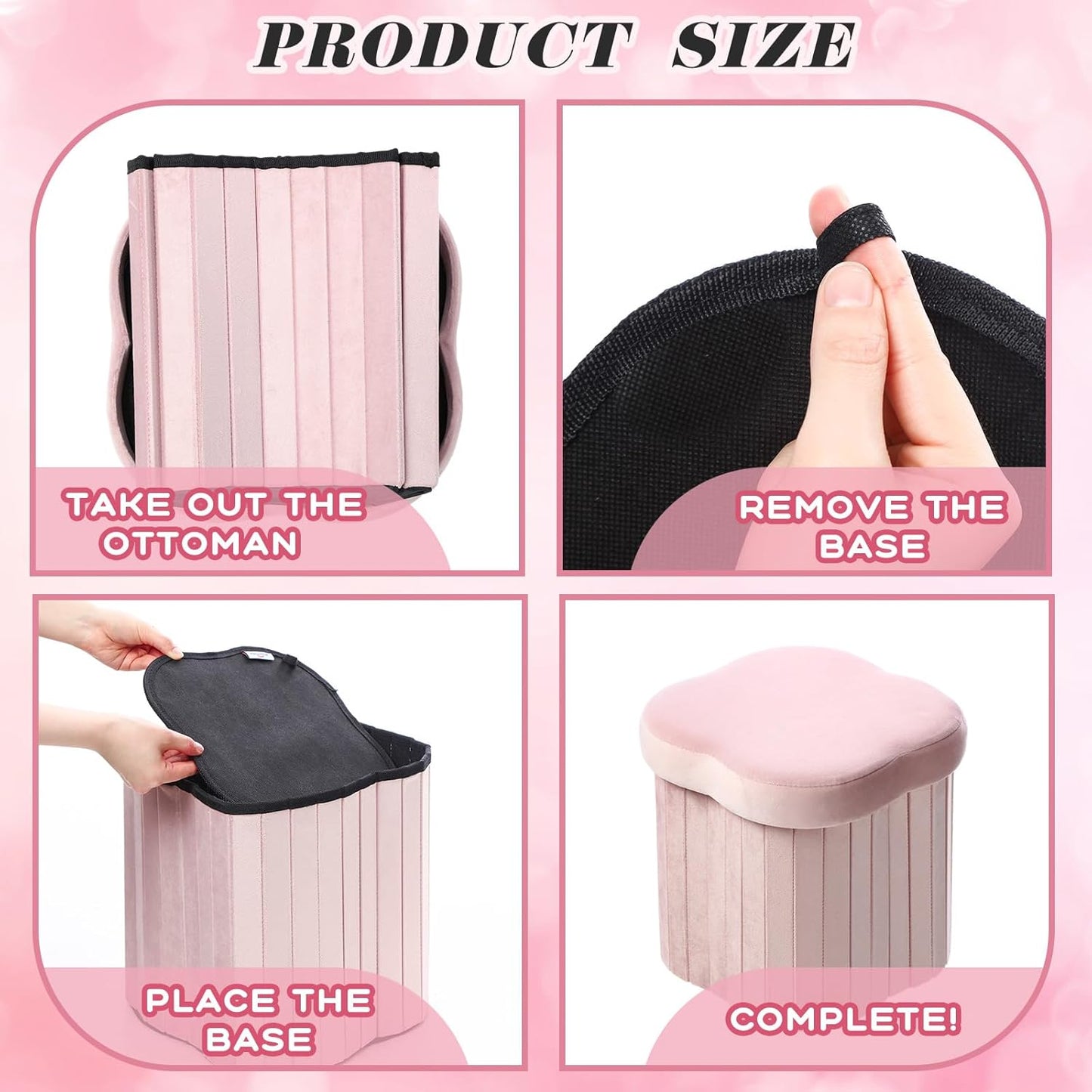 Qinyoung 2 Pcs Storage Ottoman Flower Shaped Foot Stools Foldable Velvet Storage Box Footrest Small Ottoman Seat with Folding Vanity Stool for Dorm Home 12. 6 x 12. 6 x 12. 6 Inch(Pink)