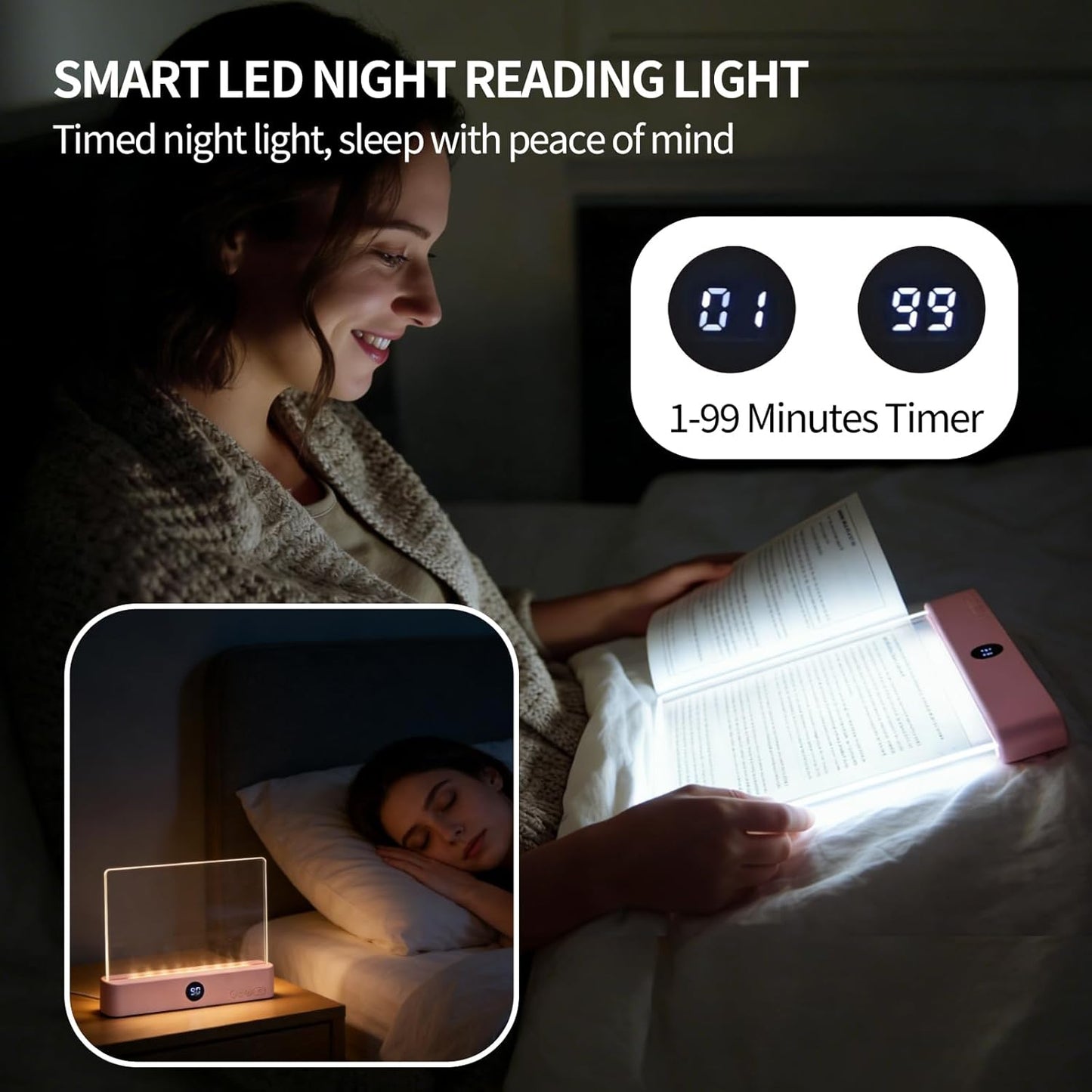 2026 LED Reading Light, Rechargeable Clear LED Flat Book Lights for Reading, 3 Colors & Brightness Adjustment & Timer, Eye Protection Lights for Bedtime Reading, Gifts for Book Lovers（with Bookmark）