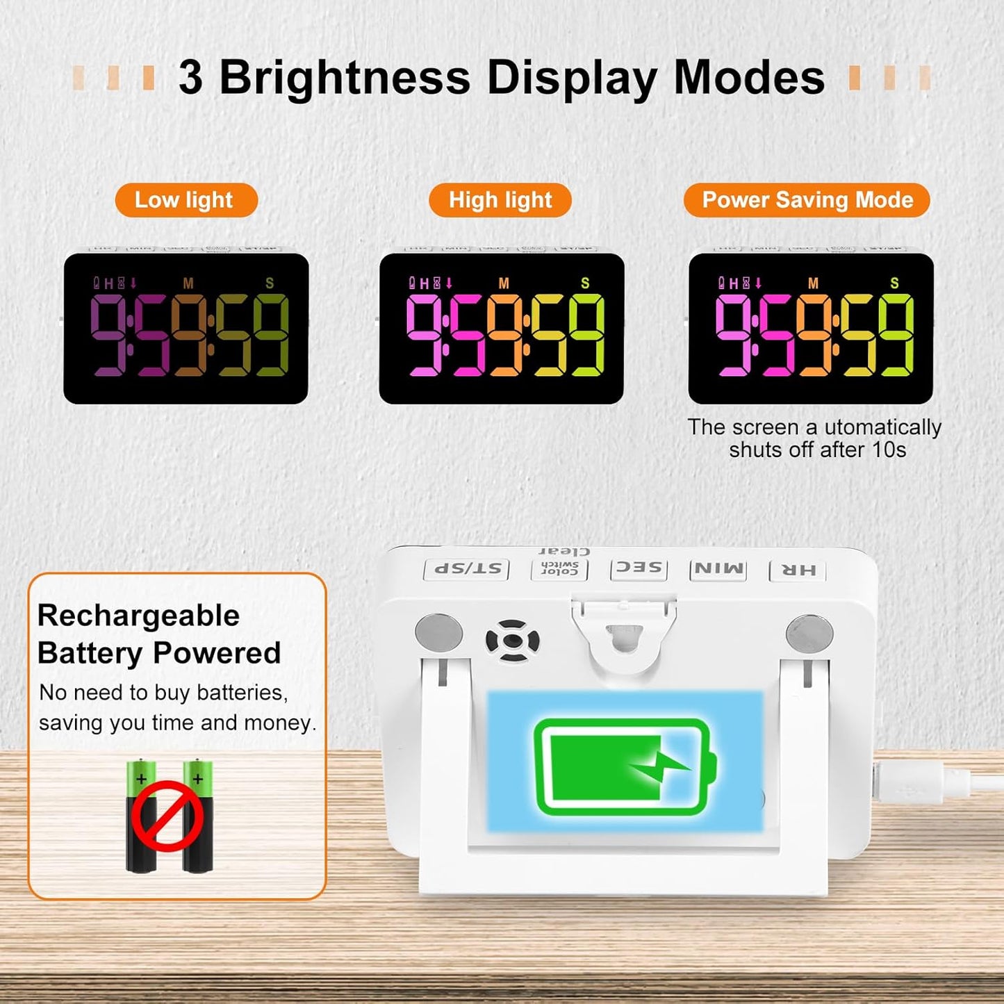 Kitchen Digital Timer, Count Down Up, Rechargeable, Vibration Mode Adjustable Volume and Brightness LED Display, Time Management Cook, Desk, Kids Adults Study Teaching, Kitchen Gadgets RGB