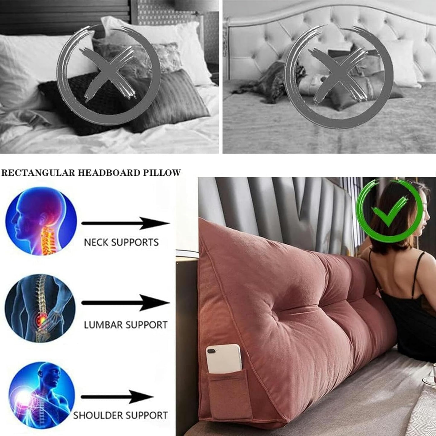 Soft Reading Bed Rest Pillow Large Bolster Cushion Velvet Headboard Backrest Triangular Wedge Pillow Neck & Lumbar Support for Dorm Room Daybed Full Size, 78.7in/200cm(King), Brown