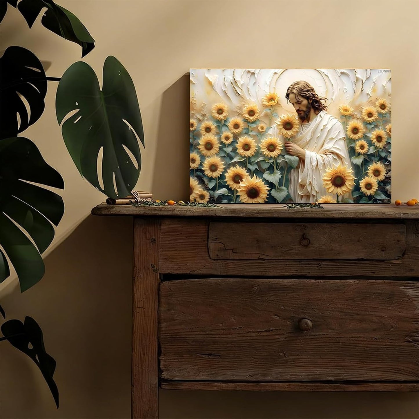 Jesus Christ in Sunflower Field with Divine Halo Canvas Print, Religious Inspirational Wall Art Poster Wall Decor for Living Room Bedroom Church Meditation Space to Create Peaceful and Sacred Space 8x12inch Framed