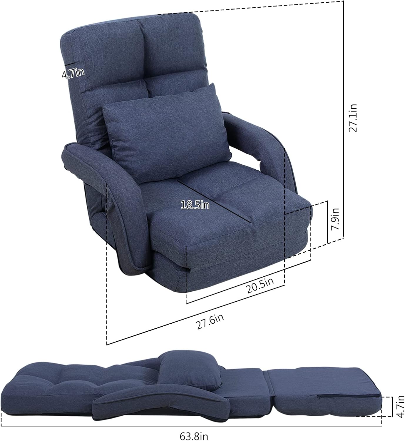Indoor Floor Chair with Armrest and Pillow Folding Chaise Lounge Sofa 14-Position Adjustable Comfy Gaming Recliner Chair Padded Seats for Adults (Blue)