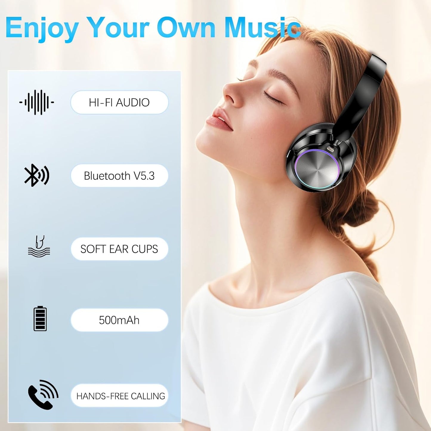Noise Cancelling Over Ear Wireless Bluetooth Headphones with Microphone, 65h Playtime, Clear Calls, Comfort Fit for Travel (Beige)