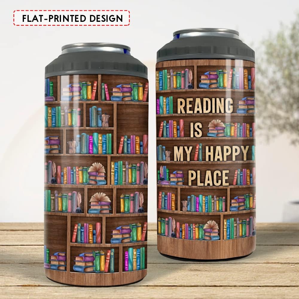 SANDJEST Book Lovers Tumbler Bookshelf 4 in 1 12oz Tumbler Can Cooler Coozie Skinny Stainless Steel Tumbler Gift for Librarian Book Lover Women Readers Bookworm Christmas Holiday Birthday