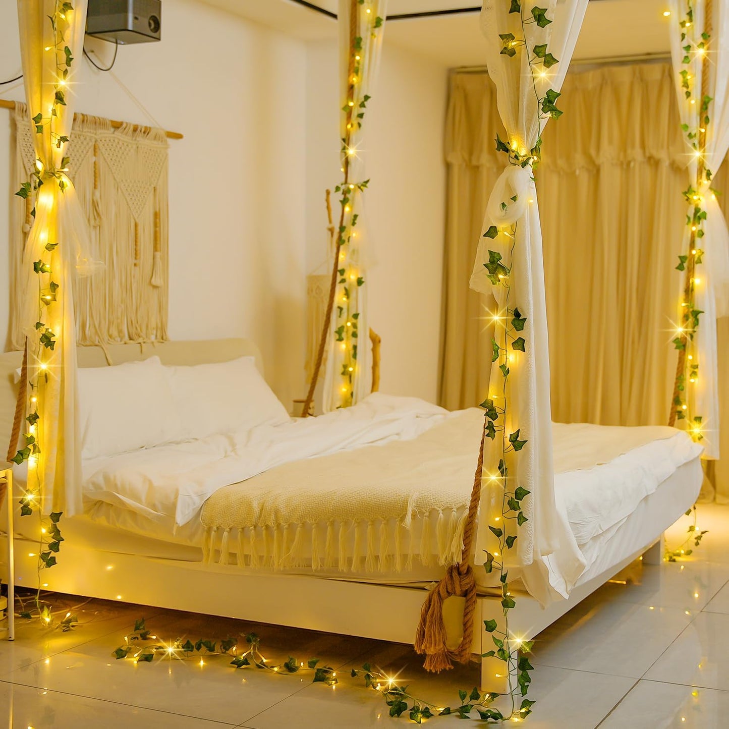 JMEXSUSS 100 LED Vines with Lights Plug in, Ivy Vines with Fairy Lights with Remote, 33 FT Leaf String Lights Waterproof for Room Bedroom Wall Fireplace Wedding Decoration（Warm White）