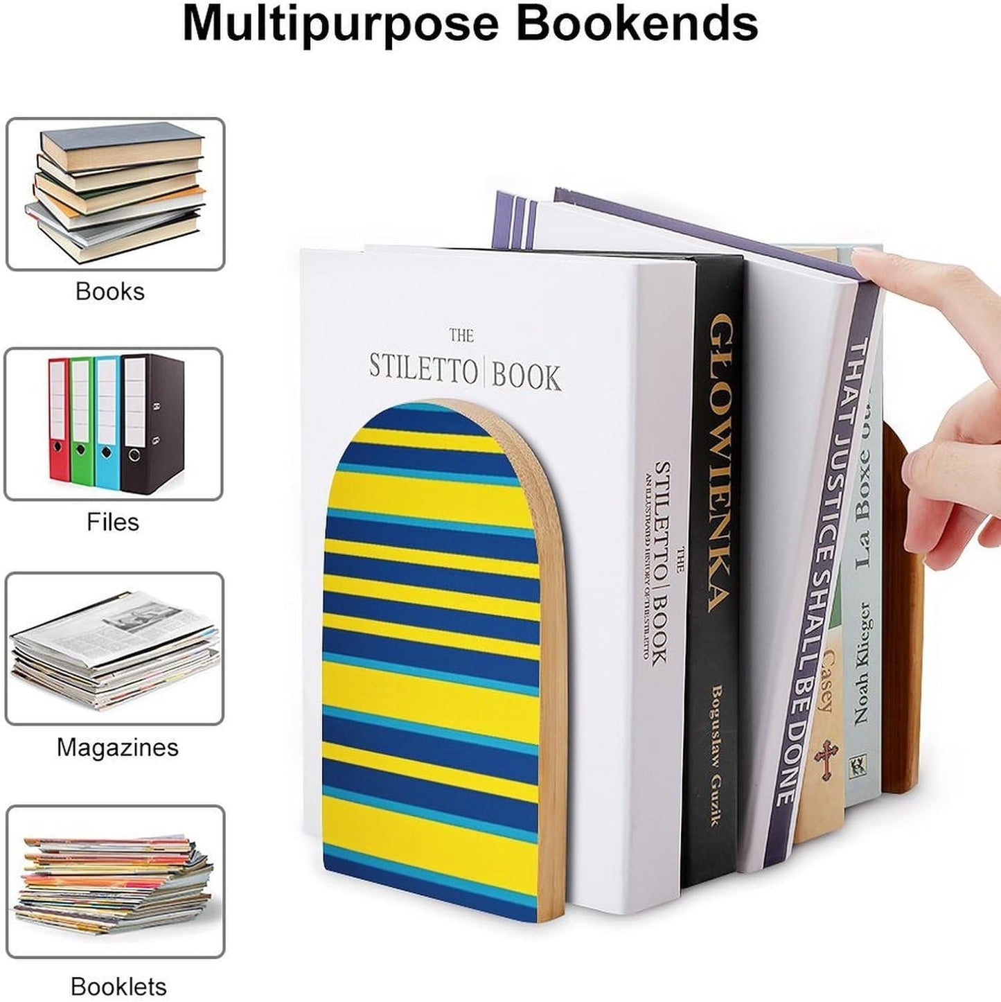 Yellow and Blue Stripes Bookend for Shelves Wooden Book End Large Size Sturdy Book Holders Stoppers with Metal Base for Bookshelves Slick Decorative Bookends Stands