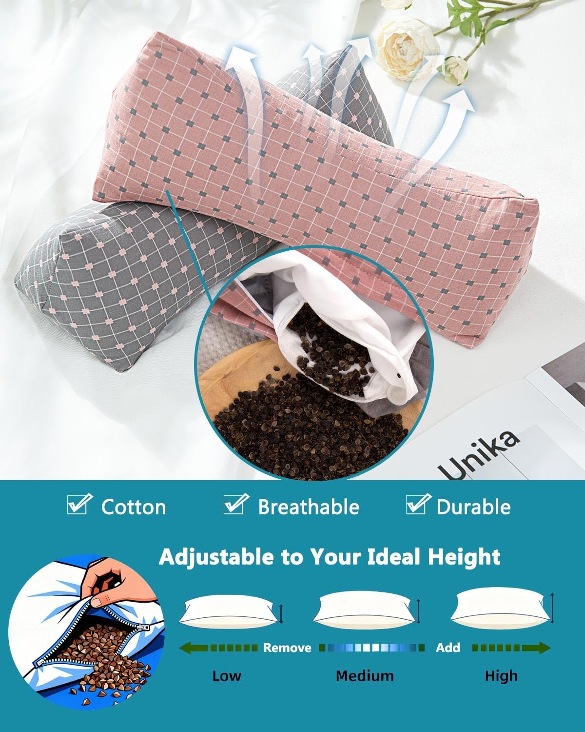 Cervical Buckwheat Roll Pillow for Sleeping,15.7"x5.9" Buckwheat Hulls Pillows Filling, Triangle Pillow for Neck Support Yoga Bolster, Adjustable Fill for Neck Pain Relief,Pink