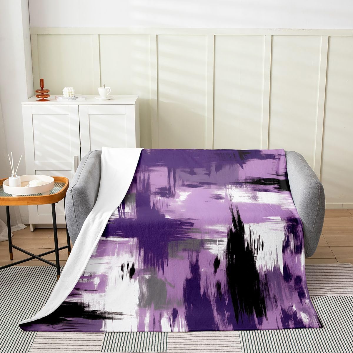 Purple Grey Black White Abstract All Season,Bed Blanket Twin 60"x80" Geometric Plush Throw Blanket, for Sofa Couch Kids Stripe Line Flannel Fleece Blanket Teens Ultra Soft Decor Modern Art