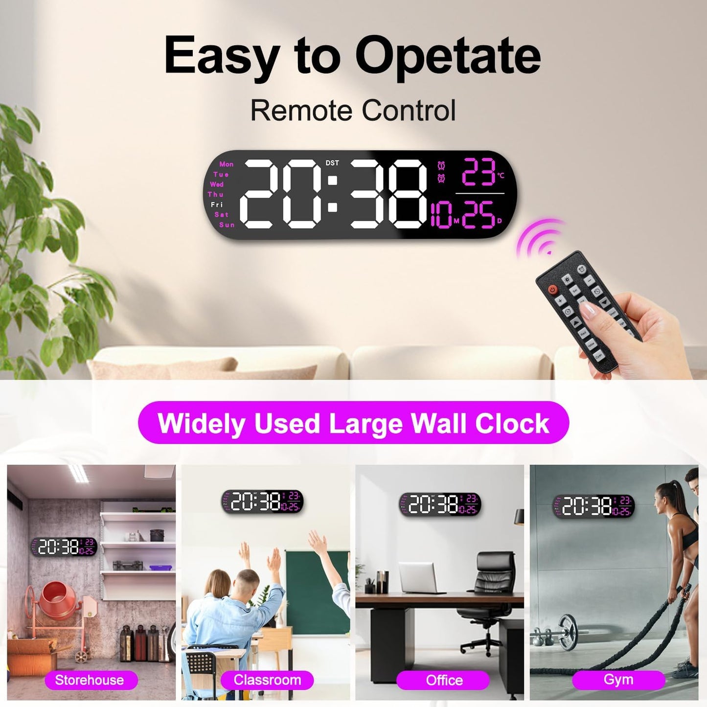 13.7" Large Digital Wall Clock – Remote Control, Dual Alarm, Big LED Display, Auto-Dimming, RGB Night Light, Auto DST – Bedroom, Living Room, Office, Purple