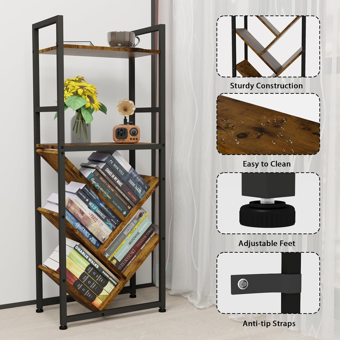 6-Tier Tree Bookshelf for Corner & Small Spaces, Modern Rustic Metal Bookcase Storage Organizer for Books, CDs, Movies – Industrial Floor Standing Bookshelves for Bedroom, Living Room, Home Office