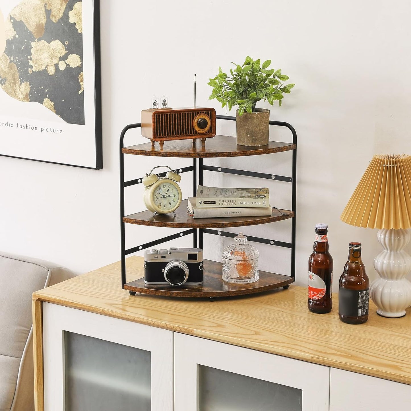 IBUYKE Corner Shelf, Kitchen Counter Organizer, Bathroom Vanity Trays, 3-Tier Spice Rack for Small Spaces,Cosmetic Storage Perfume Holder, Adjustable Height, Rustic Brown,TWJ002H