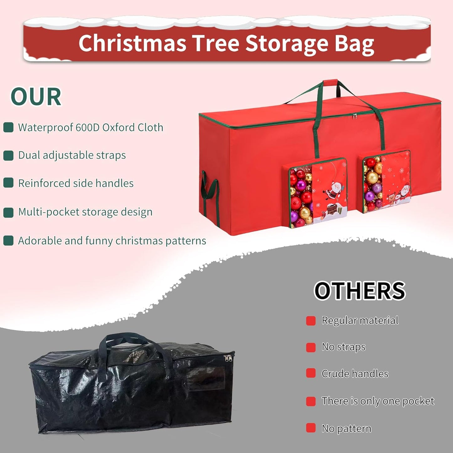 Christmas Tree Storage Bag, Heavy Duty 600D Waterproof Oxford Fabric Fits Up 9 FT Xmas Trees, Moistureproof Artificial Trees Container with Reinforced Carry Handles & Dual Zipper, Red