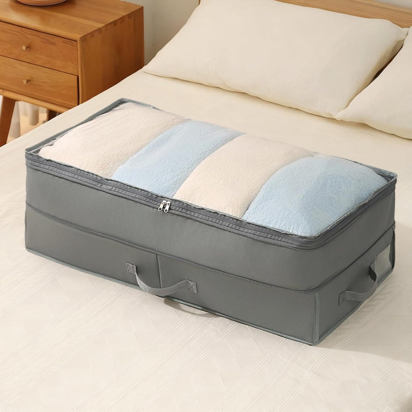 Under Bed Storage Containers | Large Capacity Foldable Self-Compressing Bins | Under The Bed Storage | for Quilts Blankets Seasonal Clothing Bedding Closet Garage Basement Attic Bedroom Home