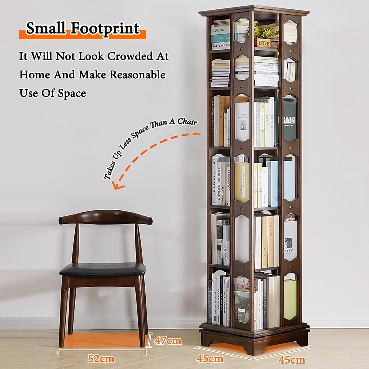 ELZEM 6 Tier Rotating Bookshelf Tower 360° Revolving Bookcase with Base Spinning Bookshelf Square Chinese Style Solid Wood Rotating Bookcase for Bedroom Living Room Study Room