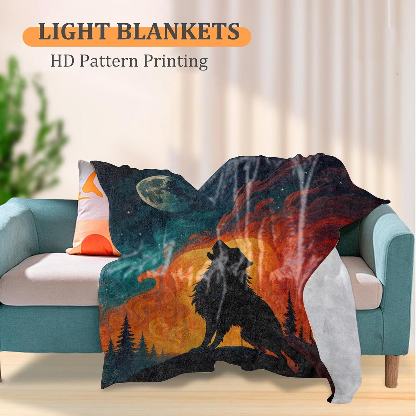 Mystical Wolf Moonlit Howl Blanket, 60 x 50 Inch Flannel Moon and Wolves Throw Blanket, Gifts for Women Boys Girls Adults Kids, Lightweight Cozy Warm Blankets for Sofa Travel Home Decor