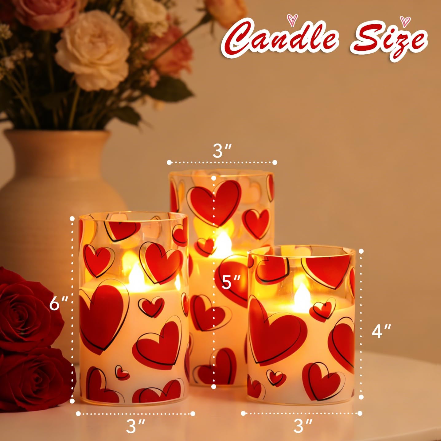 Valentines Day Flameless Candles with Remote, Red Heart Glass Battery Operated Candles, Real Wax Flickering LED Pillar Candles for Proposal Wedding Anniversary Romantic Night, 3 Pack