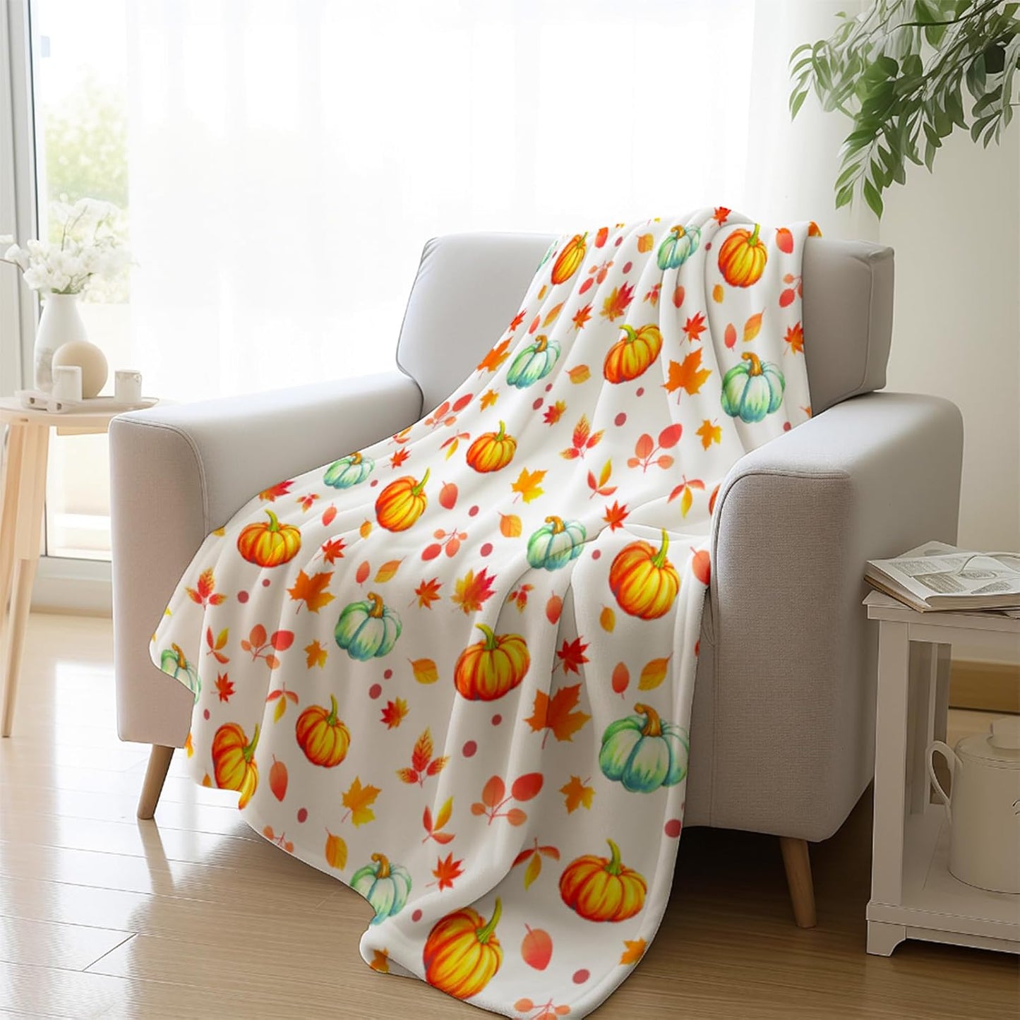 Pumpkins Throw Blanket, Orange Blue Pumpkins and Leaves Soft Flannel Blanket for Living Room Couch Bed Chair and Throws for Home, Blanket 60"x50"