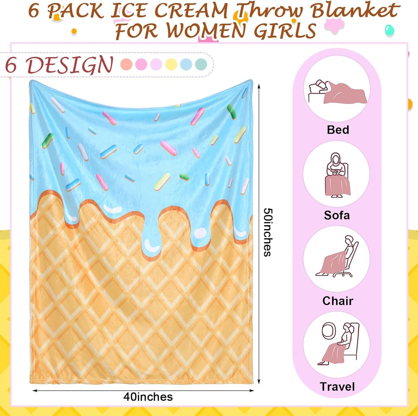 6 Pack Ice Cream Throw Blankets Cute Dessert Flannel Blanket Soft Cozy Aesthetic Throw for Couch Bed Dorm Room Decor Ice Cream Party Favors Summer Party Gifts