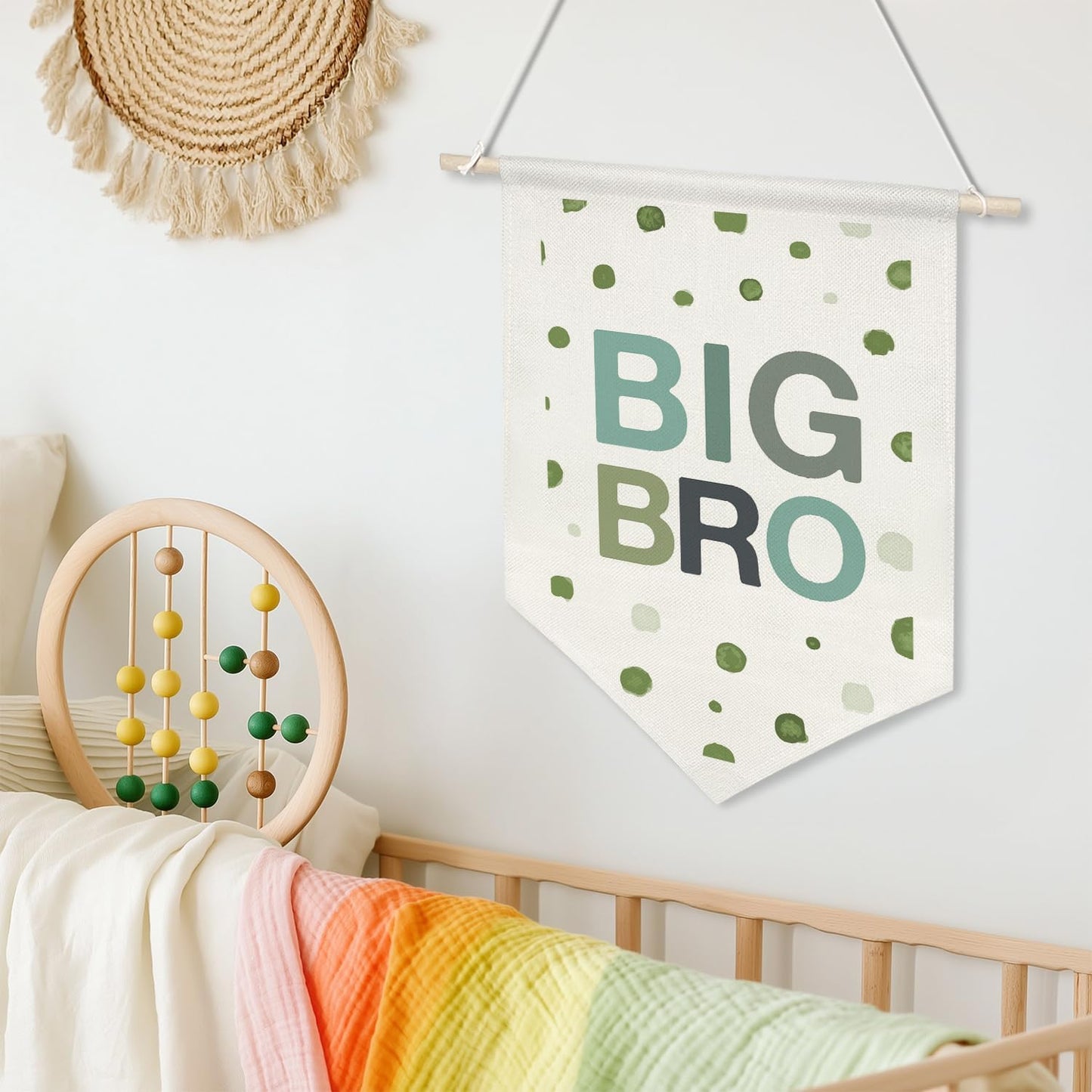 BIG BRO Wall Hanging Banner,Green Polka Dot Canvas Sign for Big Brother Room Decor, Sibling Announcement Gift, Nursery Playroom Wall Art Poster, Baby Shower Decor(KD17)