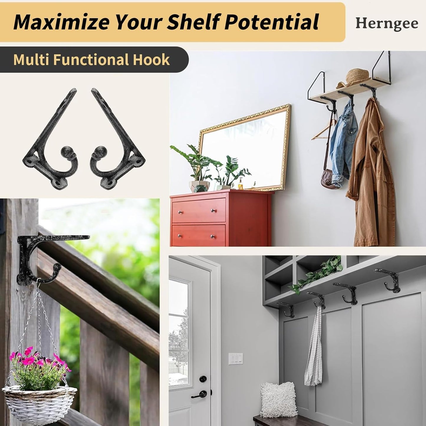 Cast Iron Shelf Brackets 4 Inch, 4 Pack Black Rustic Shelf Brackets with Hooks，Heavy Duty Floating Brackets Wall Mounted, Decorative Brackets for Wood Shelves