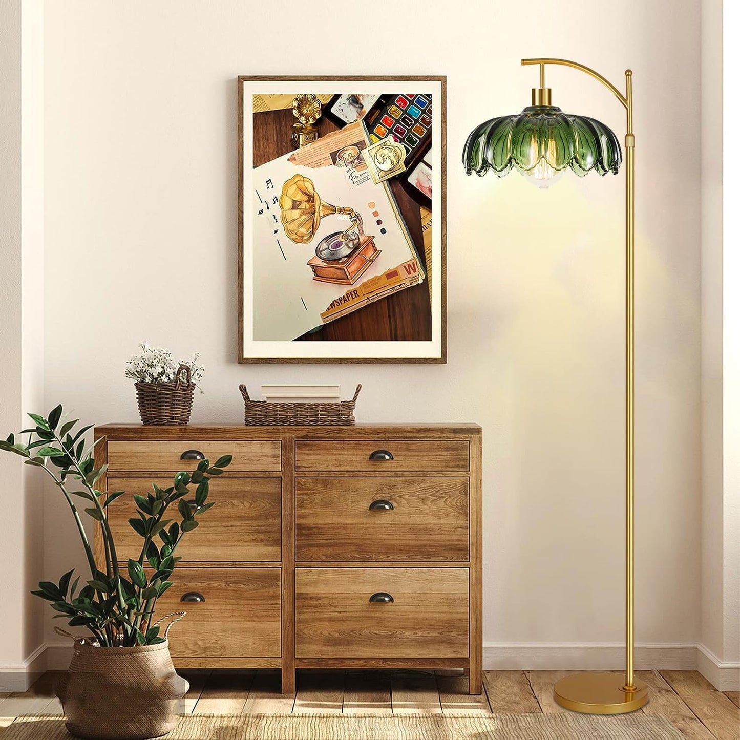 Gold Floor Lamp for Living Room Bedroom with Remote,Unique Vintage Standing Tall Lamp,Mid Century Modern Floor Lamps with Dimmable Bulb,Arc Green Glass Floor Lamps for Office Corner