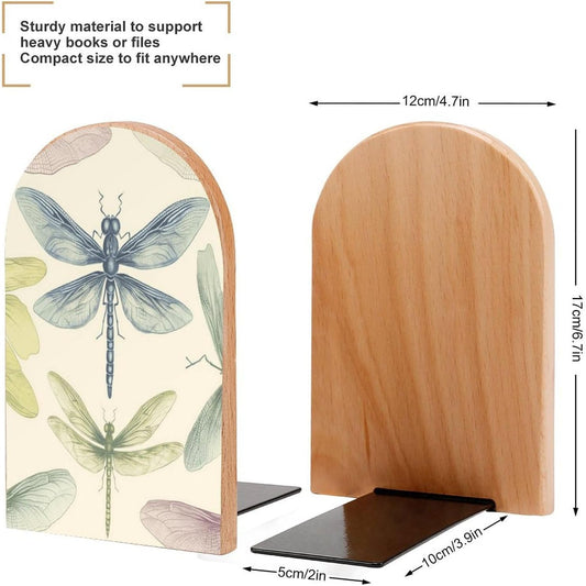 Dragonfly Drawing Bookend for Shelves Wooden Book End Large Size Sturdy Book Holders Stoppers with Metal Base for Bookshelves Slick Decorative Bookends Stands