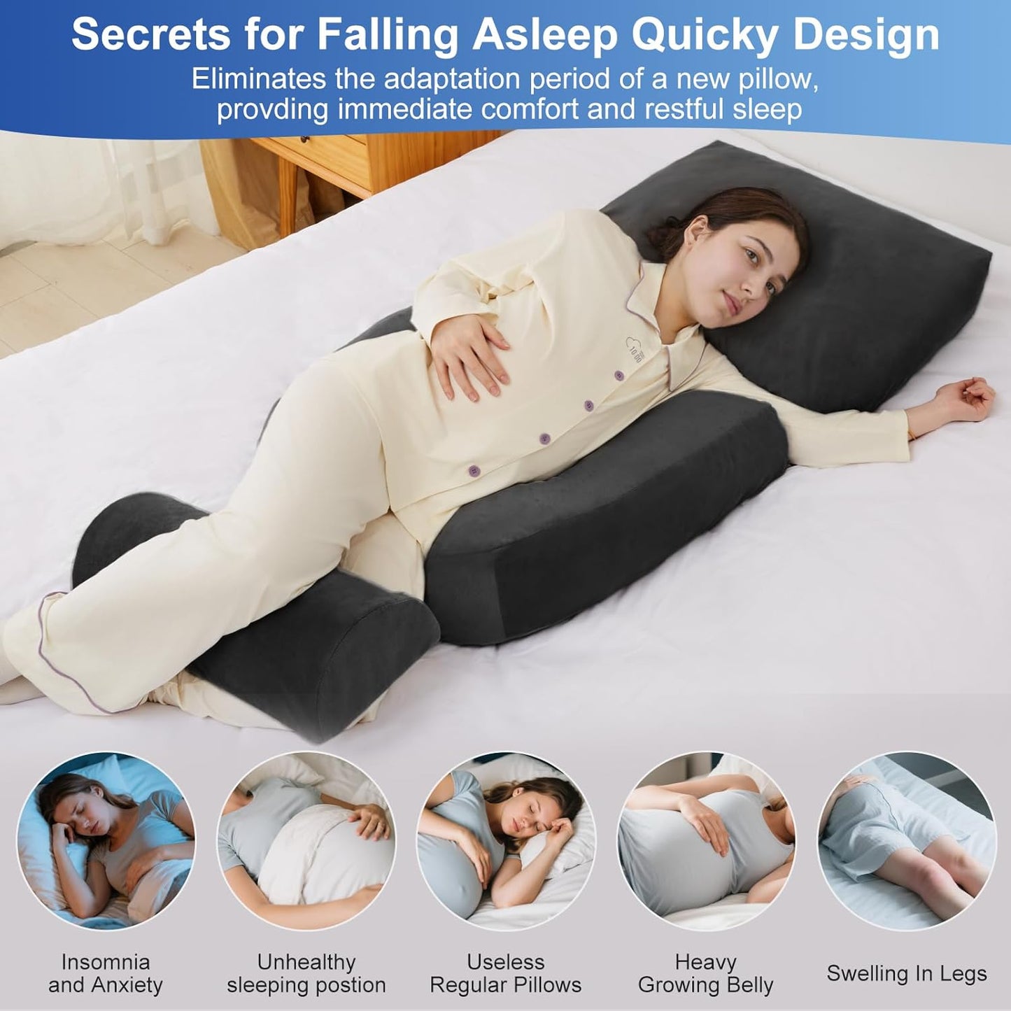 Pregnancy Pillows for Sleeping, 44.5 Inch Pregnancy Massage Pillow Full Body Pillow with Leg Pillow & Removable Cover - Support for Back, Legs, Belly, HIPS for Pregnant Women (Black)
