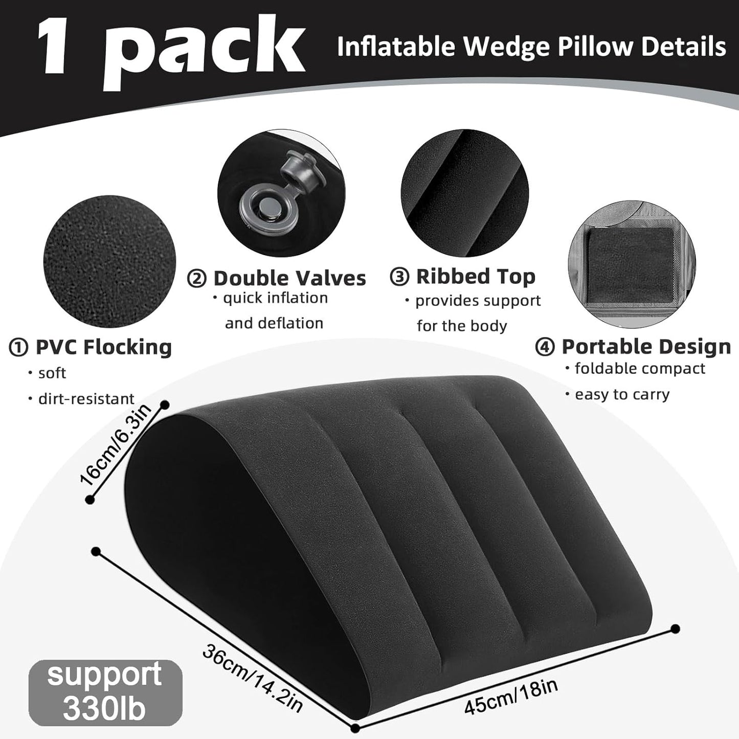 Prosixtoy Portable Wedge Pillow Inflatable Cushion - Body Positioners Lightweight Wedge Pillow for Sleeping, Leg Elevation, Use in Bed, Travel, Camping, Fast Inflating Deflation (Black)