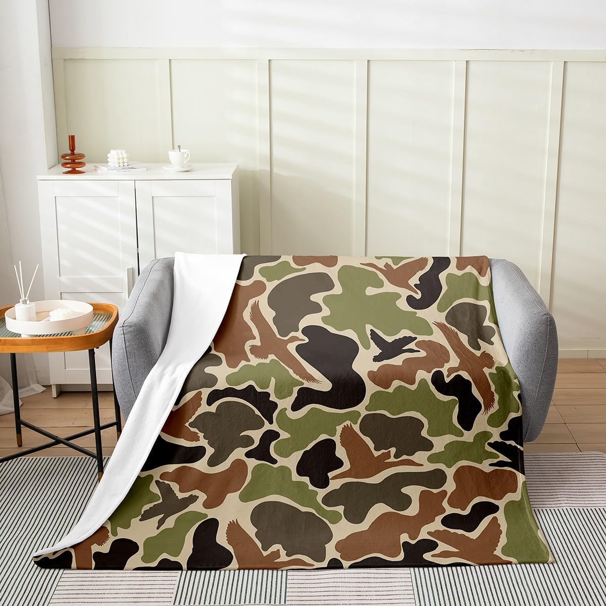 Feelyou Duck Hunter Green Camouflage Hunting Plush Throw Blanket, Twin 60"x80" Kids Black Brown Flannel Fleece Blanket for Sofa Couch Boys Teens Camo Army All Season,Bed Blanket Wild Room Decor