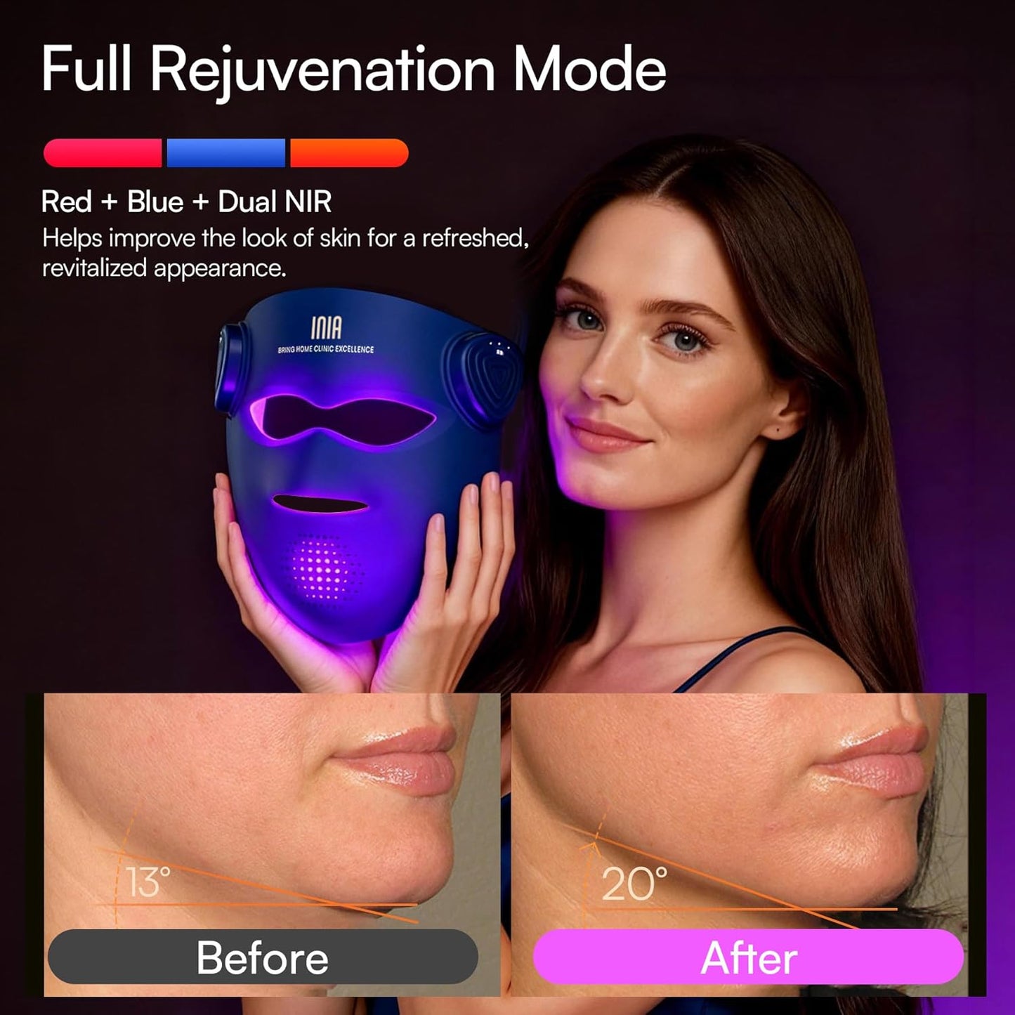 INIA Glow 4D Wireless Red Light Therapy Mask for face – Dual NIR, 320 LEDs, 4 Modes, Under-Eye Cooling, Cordless & Rechargeable LED Face Mask for Home & Travel, Skincare Gifts for Women Mom Wife, Blue