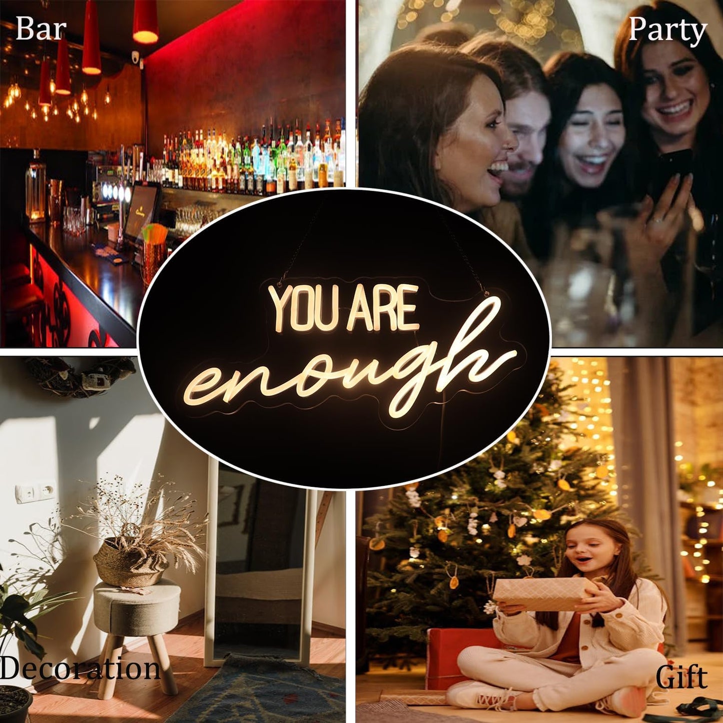 "You Are Enough" Neon Sign Word/Letters USB Powered with Dimmer Switch Neon Lights for Room Home Bar Art Wall Decor Party Window Living Room Decor Wall Hanging Decoration (warm white)