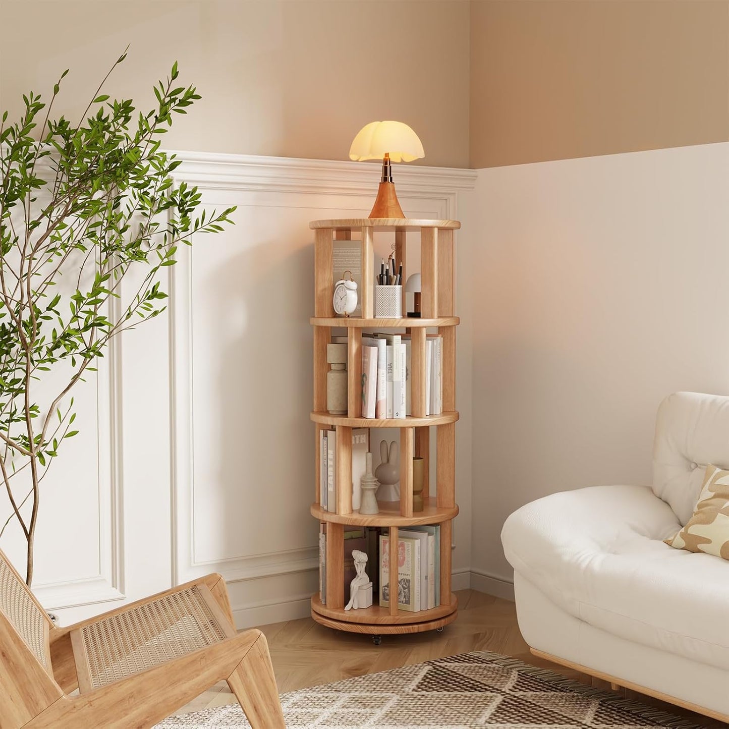 Mobile Rotating Bookshelf with Wheels - Solid Wood 360 ° Rotating Bookcase 4 Tier Revolving Bookshelf Spinning Bookcase Tower Corner Shelf for Small Space