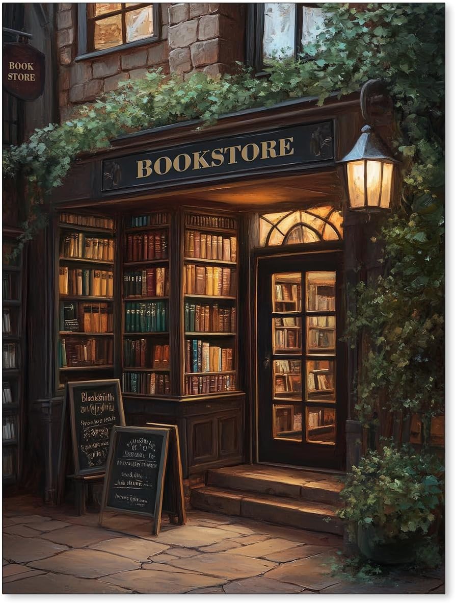 Jefuzh Dark Academia Bookish Posters Antique Library Bookshop Wall Art Moody Reading Canvas Painting for Living Room Library Wall Decor 12x16 inch Unframed