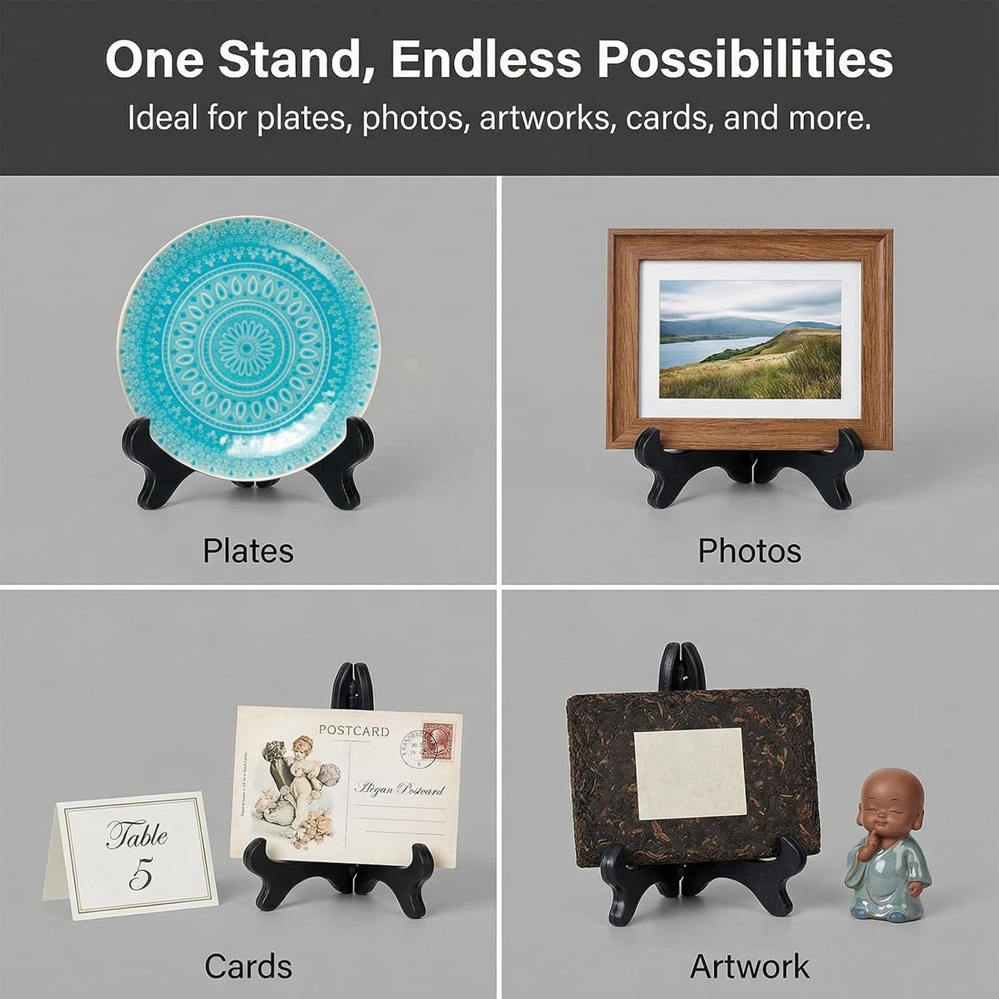 4" Easel Plate Holder, Black Wood-Like Plastic Display Stand Folding Small Plates Stand for Decorative Picture Frame Book Dish Artwork Easels