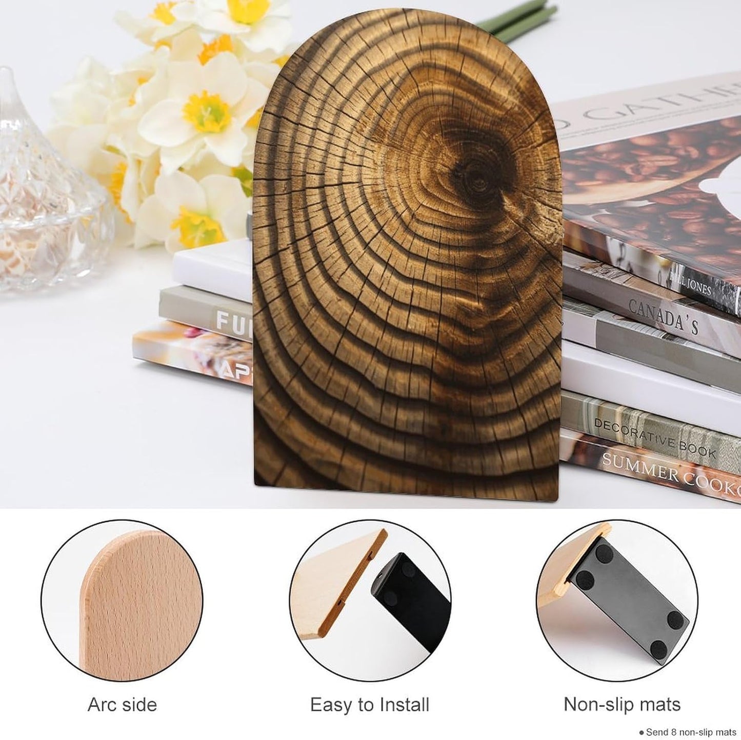 Tree Rings Wooden Bookend Non-Slip Book Ends Heavy Duty Book Stopper with Metal Base Books Holderd Decorative Bookends Stands Firmly for Office Supplies