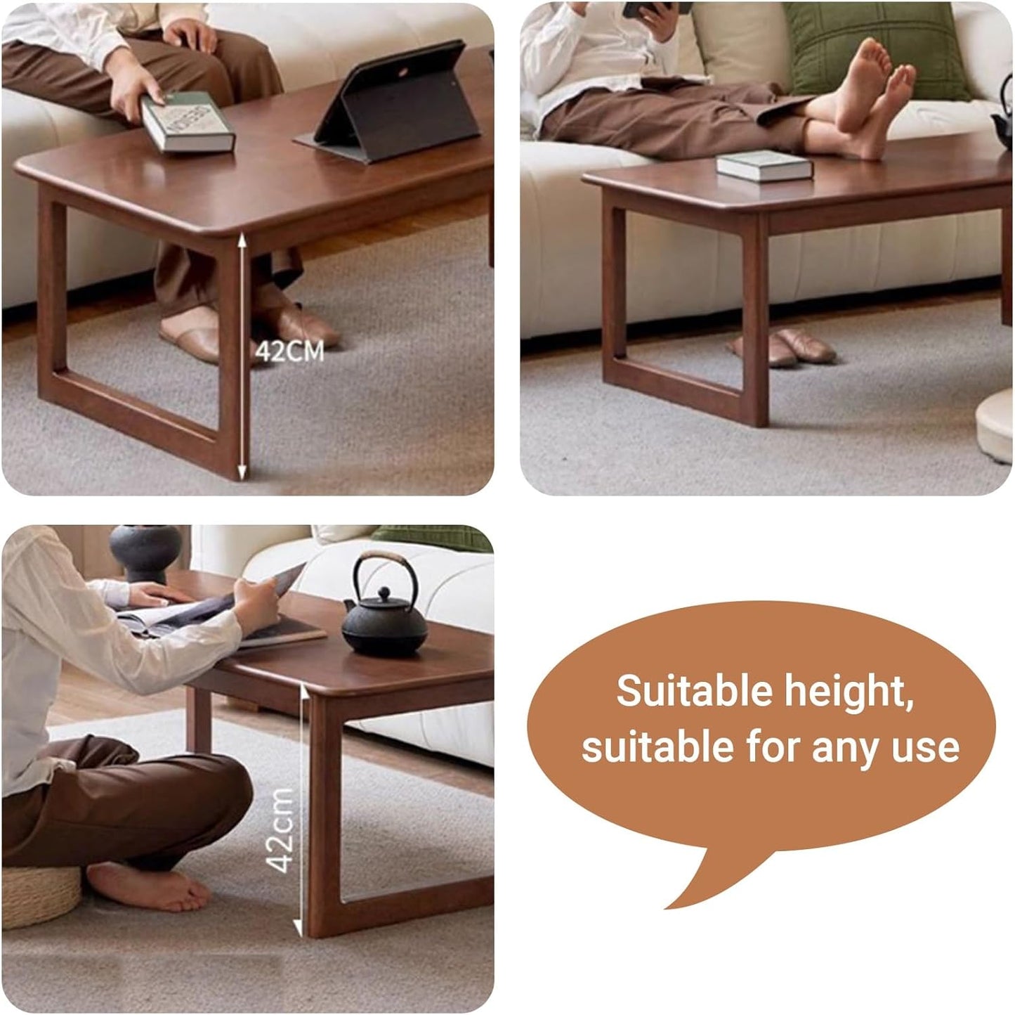 New Chinese Solid Wood rectangular Coffee Table Farmhouse Rubberwood Center Low Table for Living room Stable Zen-Inspired Tea Tables Rounded corners Space Saving(Wood,120*56*42cm/47.2*22*16.5in)