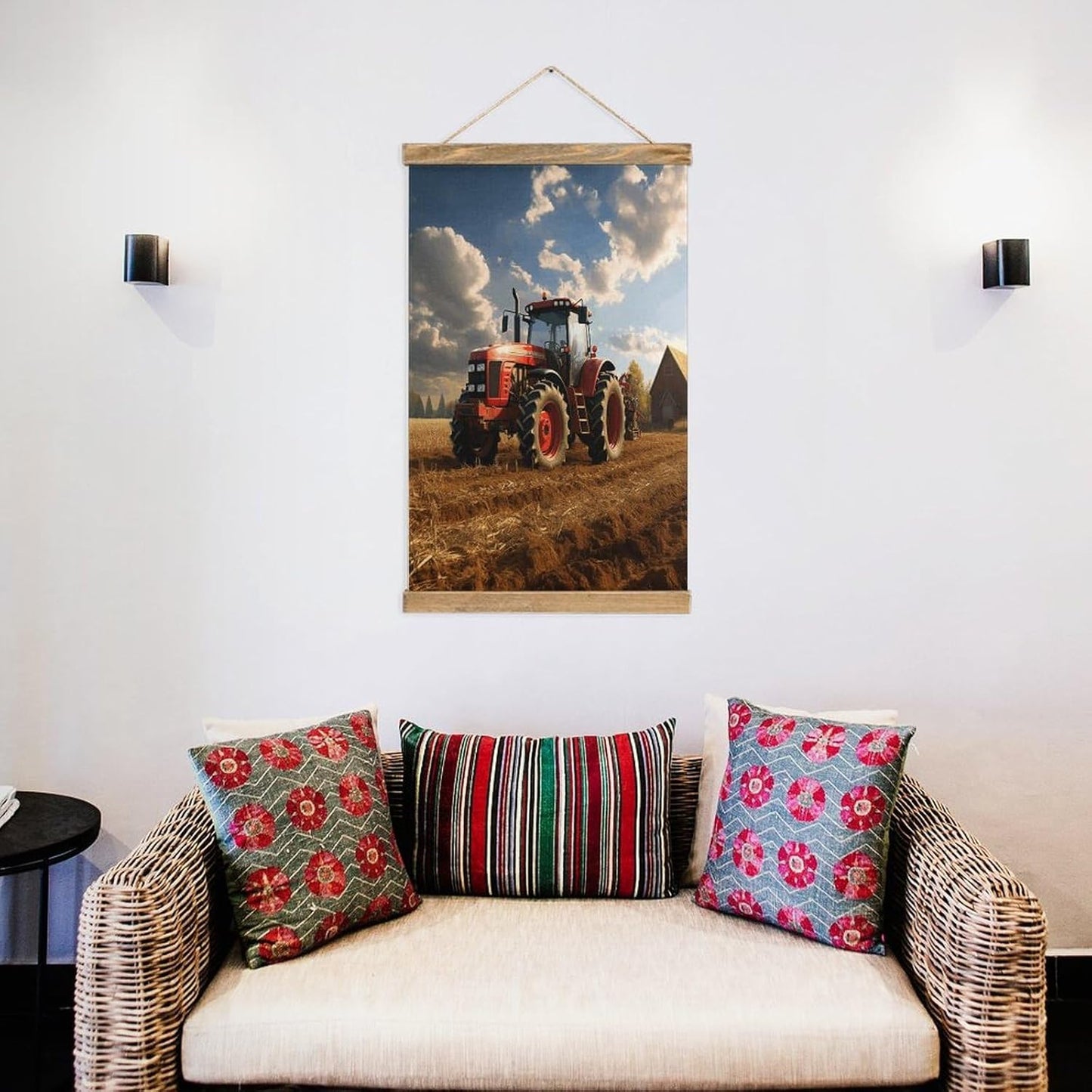 Vintage Fantasy Farm Tractor Poster with Wooden Frame Personalized Linen Hanging Scroll Painting Rustic Wall Hanging Illustrative Modern Artwork Decor for Home Living Room Bedroom Office