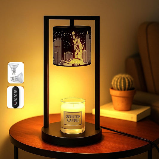 NYC Candle Warmer Lamp - Wax Melter with Timer, Dimmer, Auto Off, Statue of Liberty Decor for Jar Candles, City Skyline Home Decor for Living Room, Bedroom, Housewarming (2 Bulbs Included)
