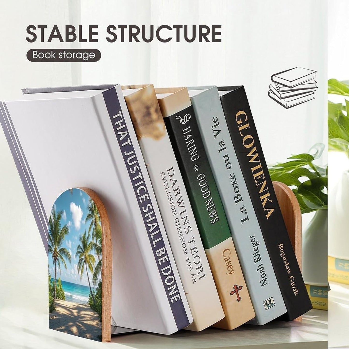 Green Palm Trees Ocean Bookends 1 Pair Heavy Duty Book Ends for Shelves Non-Skid Bookend Supports Wooden Book Holders with Metal Base Desk Organizers Books Storage to Hold Books